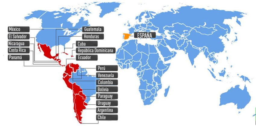 Распространение испанского языка， мире。Источник: ceip ciudad de nejapa